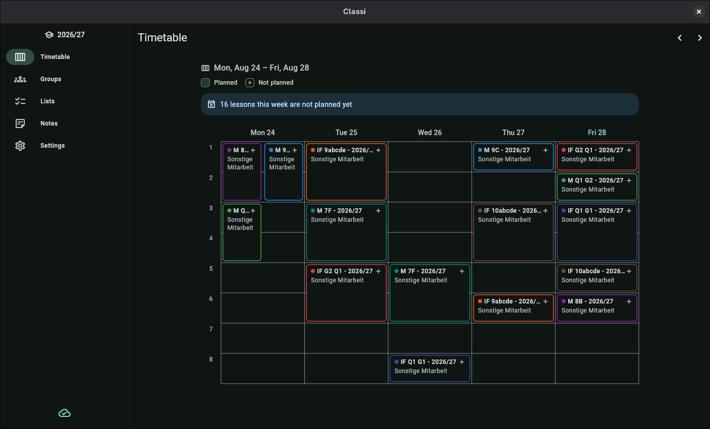 Classi auf dem Desktop: Wochenstundenplan mit geplanten und noch offenen Stunden