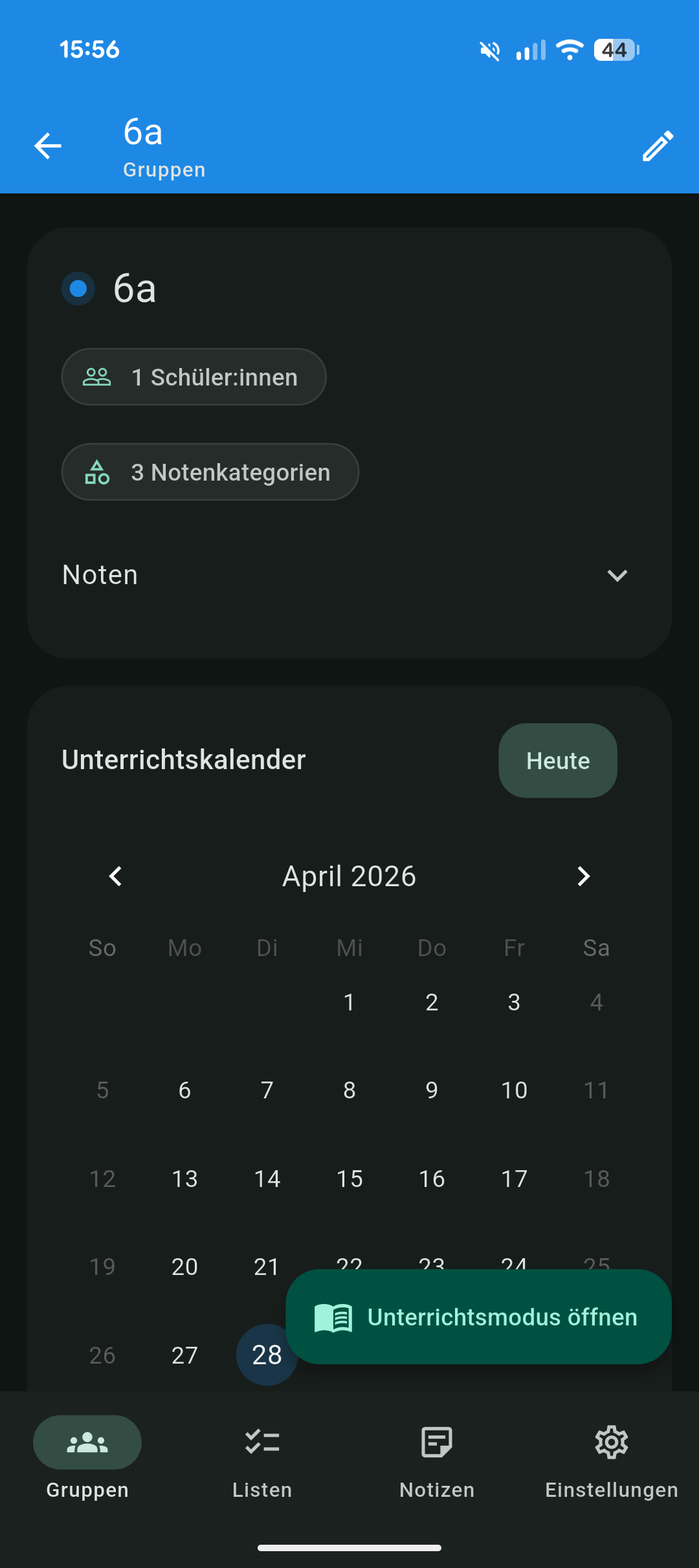 Classi auf dem Handy: Gruppenansicht mit Unterrichtskalender
